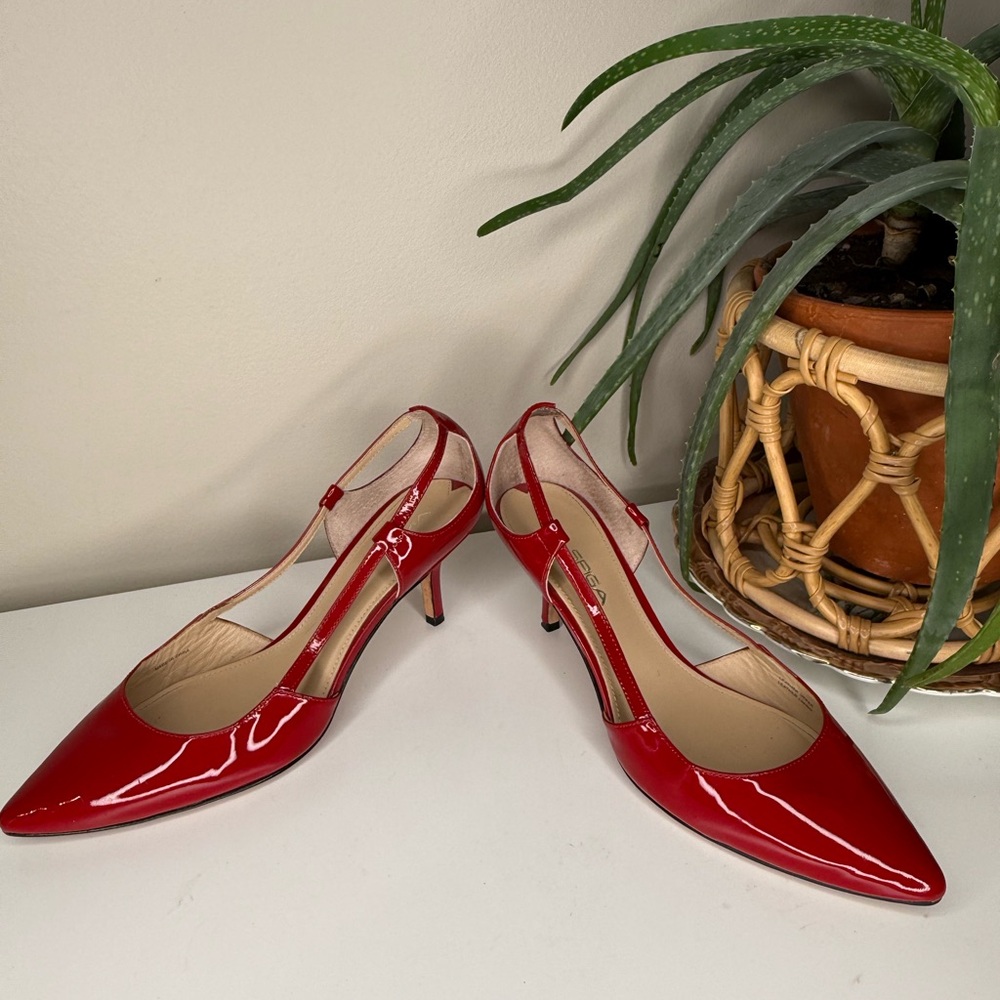 Via Spiga Red Patent Leather Slingback Kitten Heels Pointed Toe Pumps 7.5 - Picture 4 of 12
